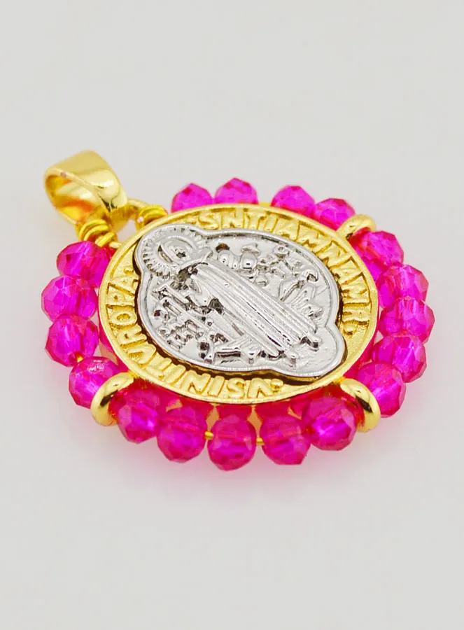 Medaille van Heilige Benedictus van Messing en Roze Glas (pic 4)