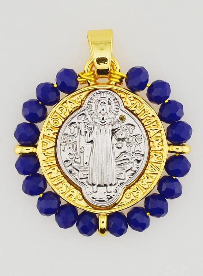 Medaille van Sint Benedictus - Messing en Blauw Glas (pic 1)
