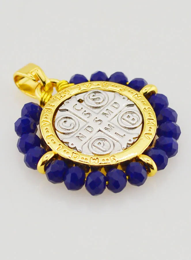 Medaille van Sint Benedictus - Messing en Blauw Glas (pic 3)