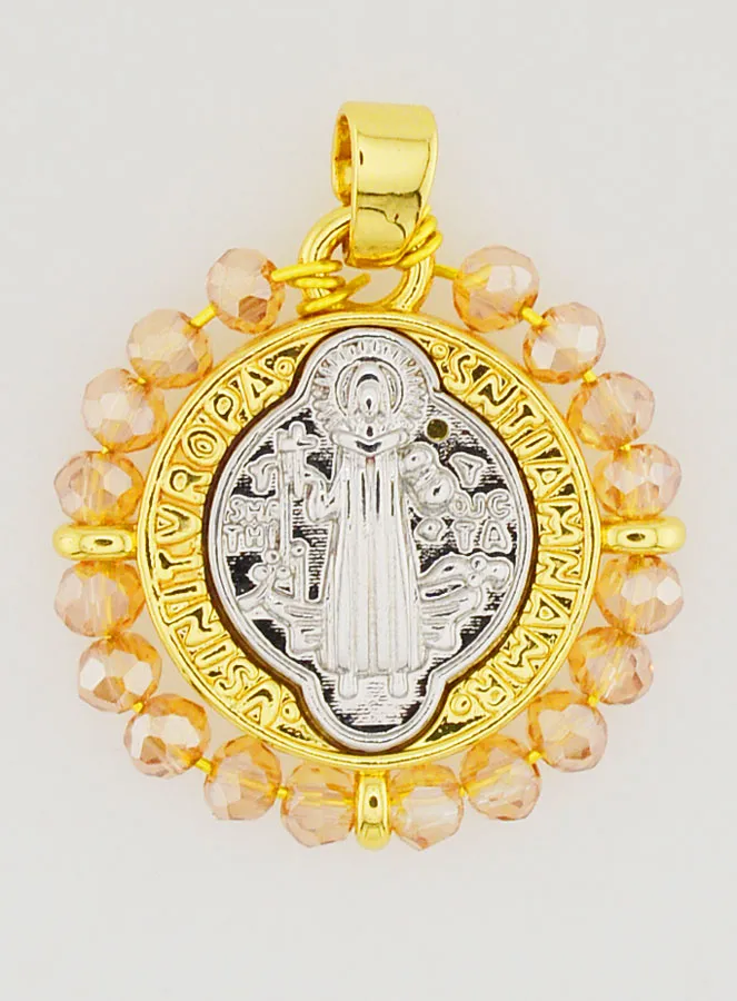 Medaille H. Benedictus - Messing en Licht Roze Glas (pic 1)
