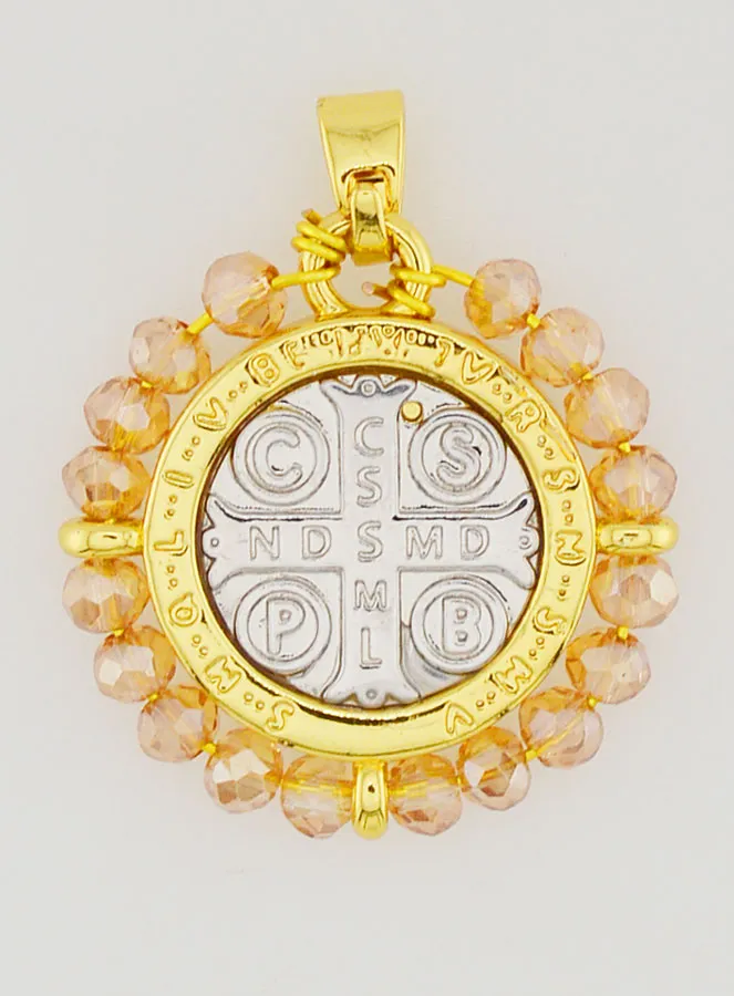 Medaille H. Benedictus - Messing en Licht Roze Glas (pic 2)