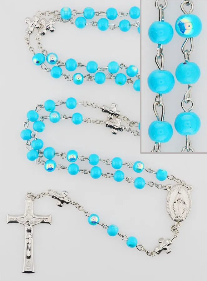 Rozenkrans Wonderdadige Medaille en Chroom Kralen - Turquoise Blauw (pic 1)
