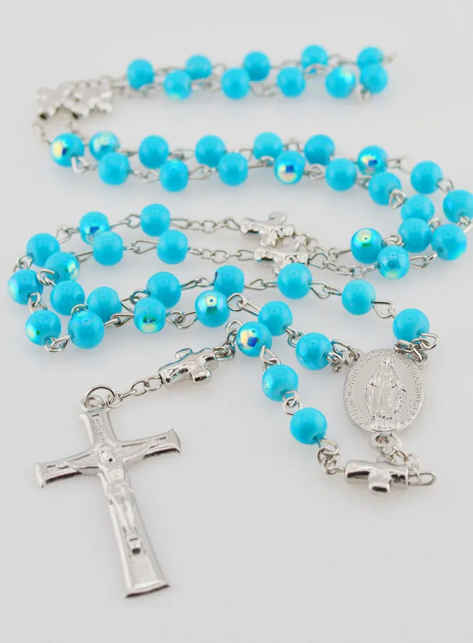 Rozenkrans Wonderdadige Medaille en Chroom Kralen - Turquoise Blauw (pic 2)