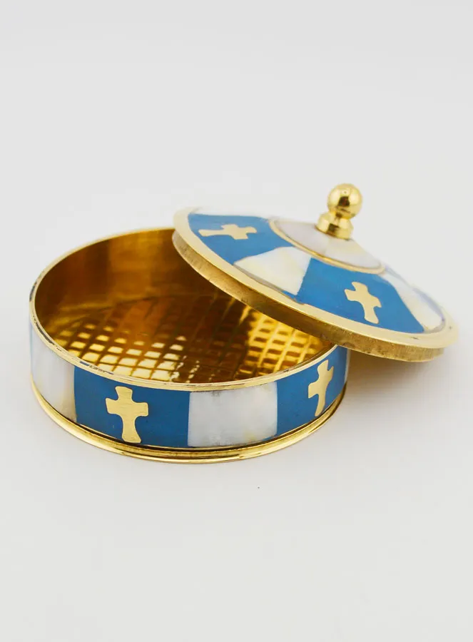 Handgemaakte Rozenkrans Doos van Messing en Parelmoer - Blauw (pic 2)