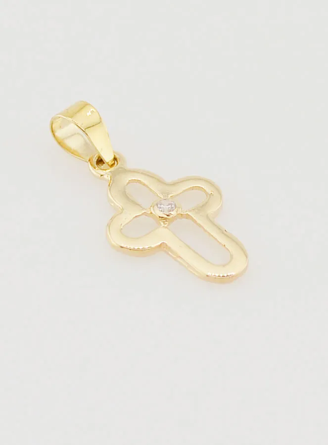 Kruis Hanger Rond Opengewerkt van 9k Goud met Steen - 15mm (pic 3)