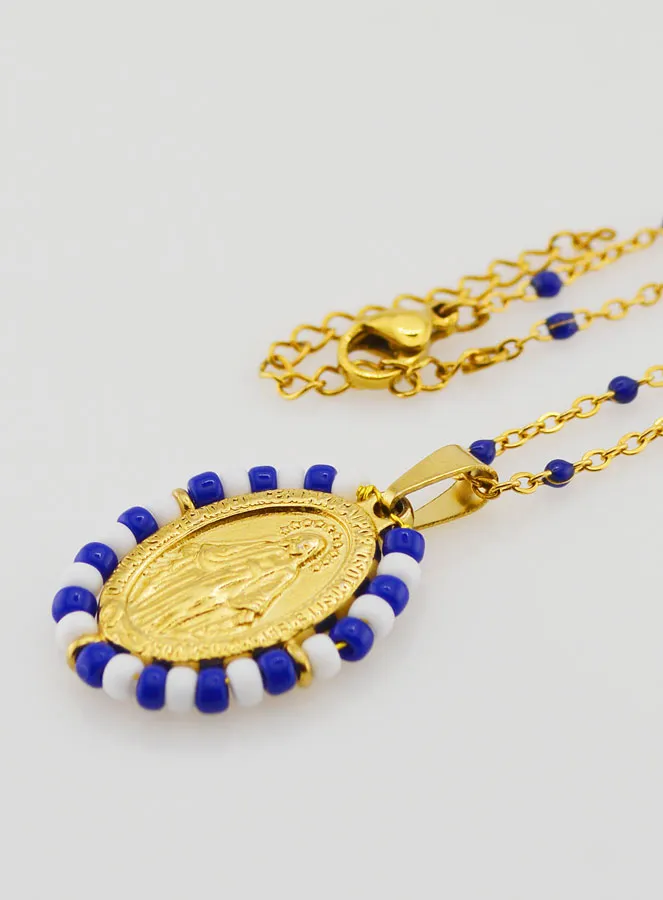 Wonderdadige Medaille Blauwe en Witte Kralen + Ketting met Kralen (pic 1)