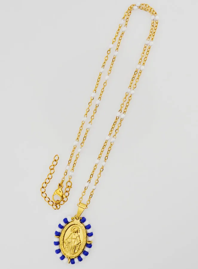 Wonderdadige Medaille Blauwe en Witte Kralen + Ketting met Witte Kralen (pic 2)