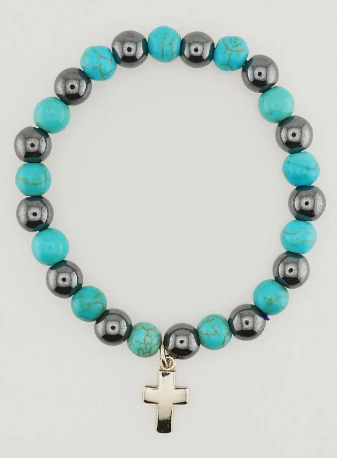 Religieuze Armband met Kruis - Hematiet en Turkoois (pic 1)