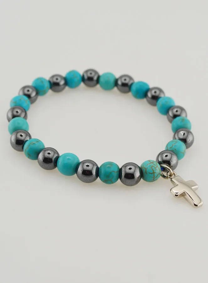 Religieuze Armband met Kruis - Hematiet en Turkoois (pic 4)