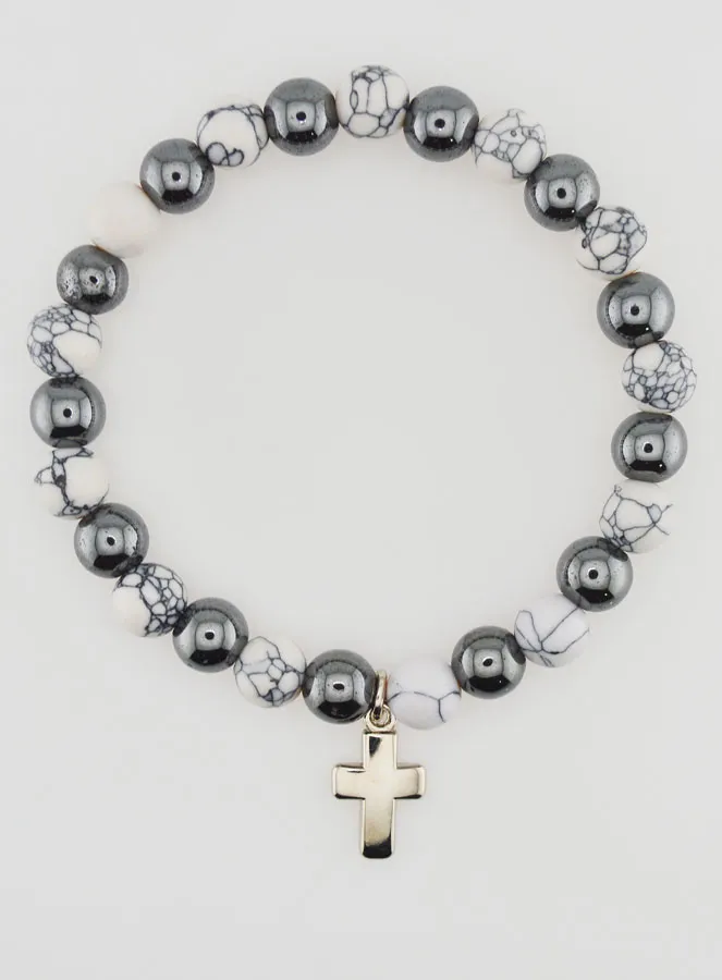 Religieuze Armband met Kruis - Hematiet en Howliet (pic 1)