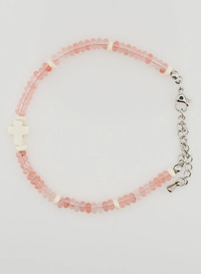 Armband met Kruis en Roze Glazen Stenen (pic 1)