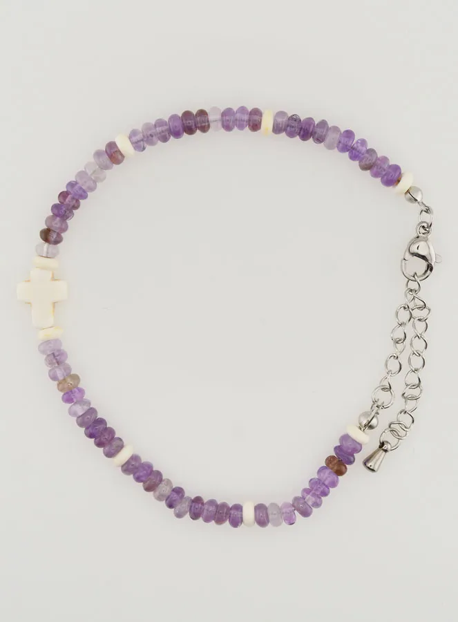 Armband met Kruis en Paarse Glazen Steentjes (pic 1)
