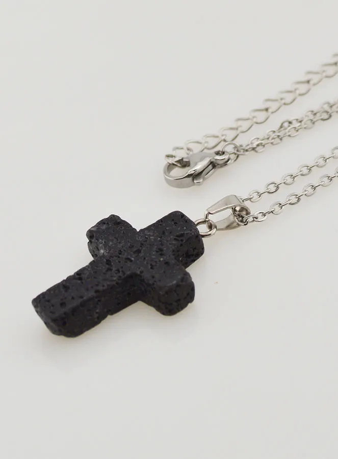 Religieus Collier Roestvrijstalen Ketting en Kruis van Lavasteen (pic 1)