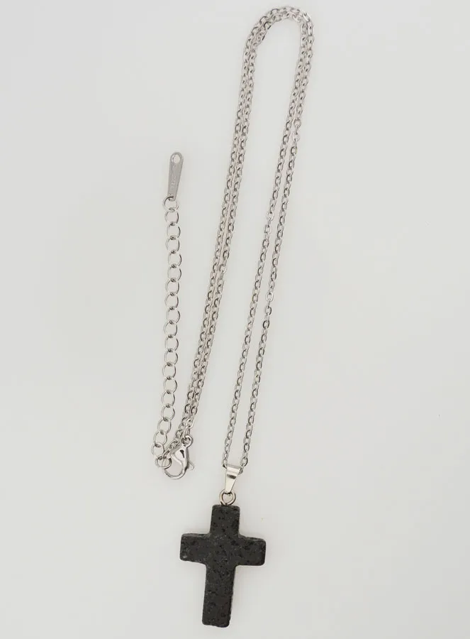 Religieus Collier Roestvrijstalen Ketting en Kruis van Lavasteen (pic 2)