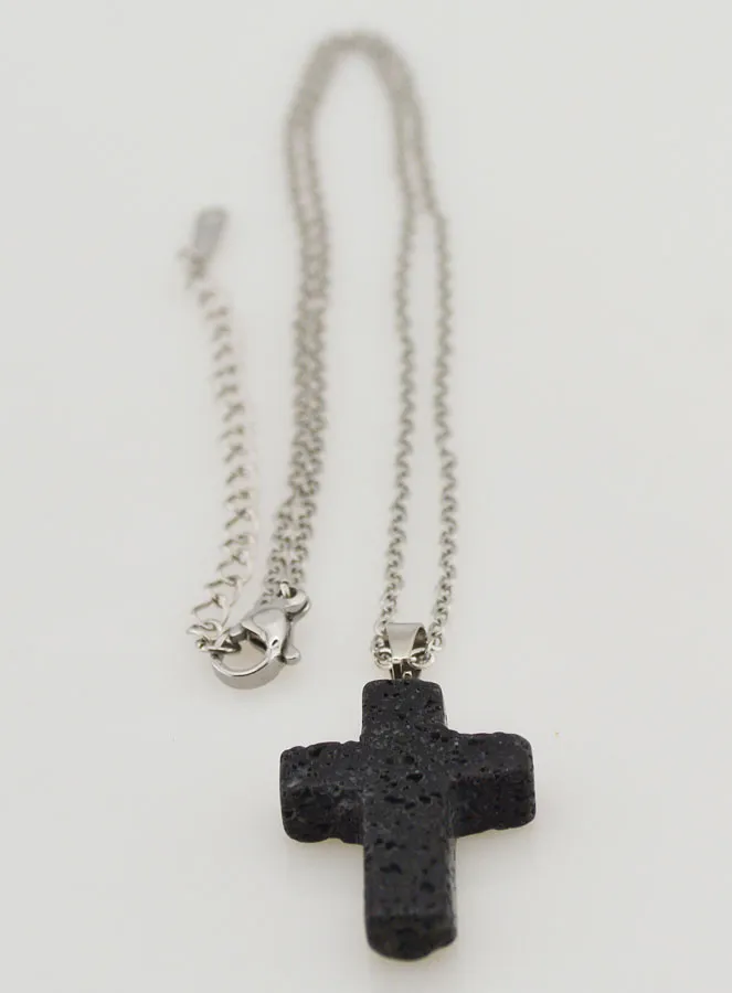Religieus Collier Roestvrijstalen Ketting en Kruis van Lavasteen (pic 3)