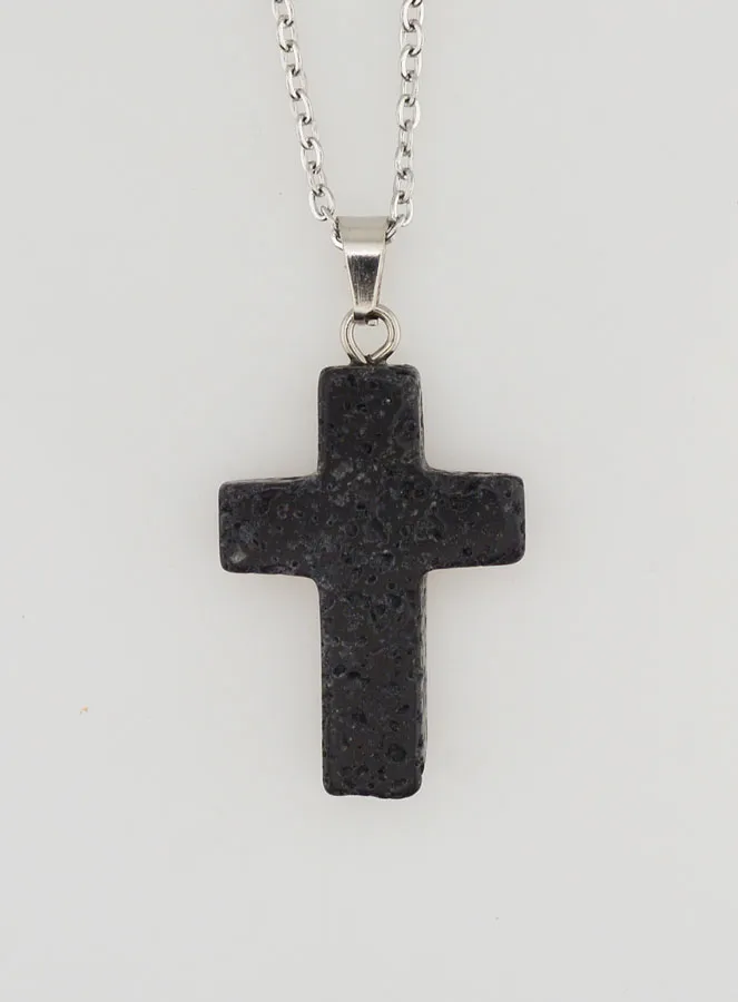 Religieus Collier Roestvrijstalen Ketting en Kruis van Lavasteen (pic 4)