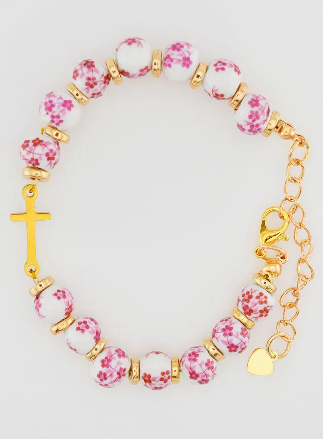 Armband met Kruisje en Keramiek Kralen - Roze (pic 1)