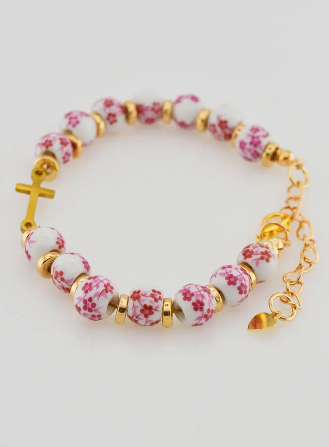 Armband met Kruisje en Keramiek Kralen - Roze (pic 2)