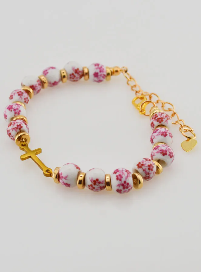 Armband met Kruisje en Keramiek Kralen - Roze (pic 3)