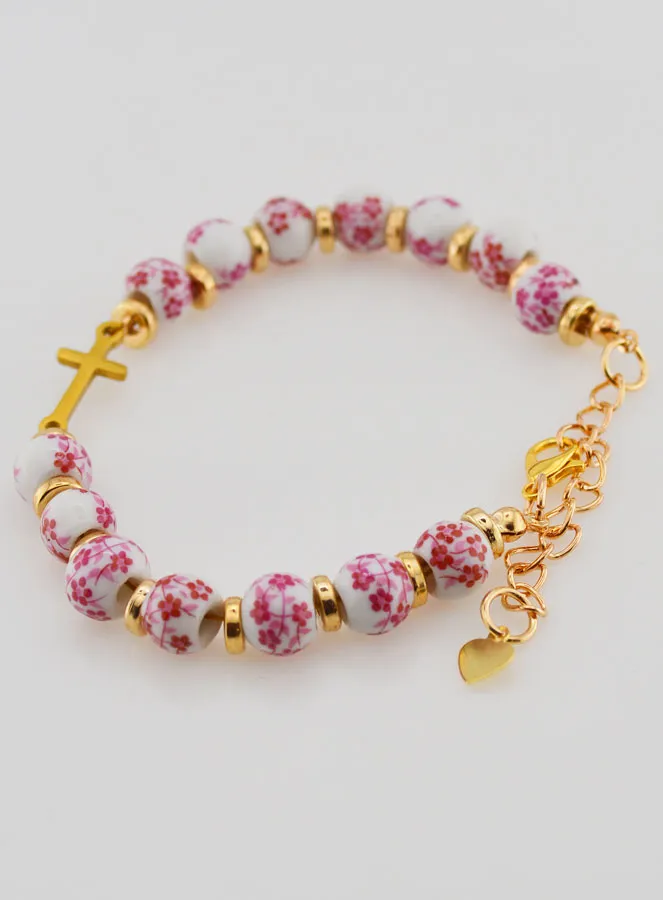 Armband met Kruisje en Keramiek Kralen - Roze (pic 4)