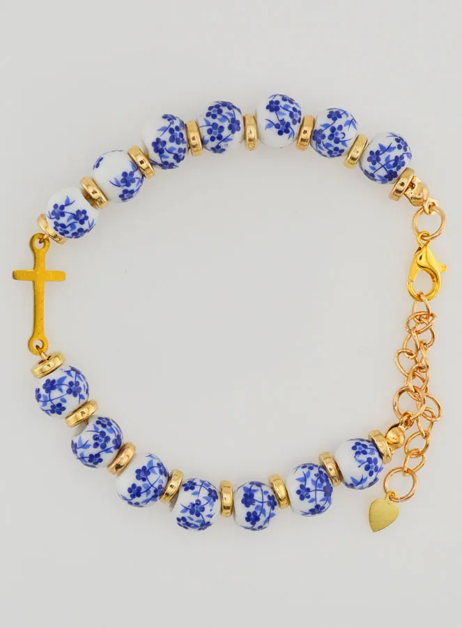 Armband met Kruis en Keramische Kralen - Blauw (pic 1)