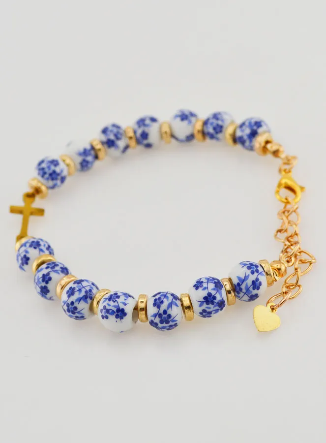 Armband met Kruis en Keramische Kralen - Blauw (pic 2)