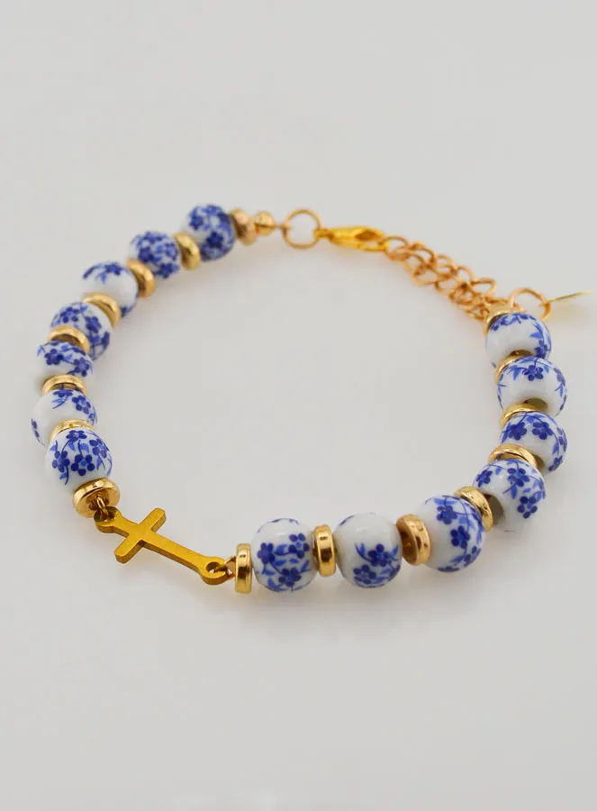 Armband met Kruis en Keramische Kralen - Blauw (pic 3)
