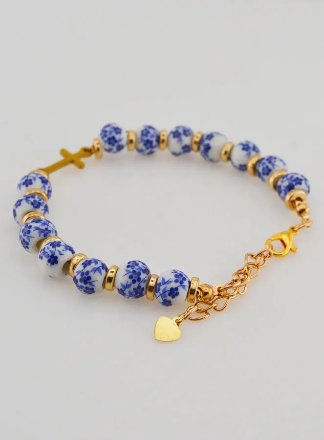 Armband met Kruis en Keramische Kralen - Blauw (pic 4)