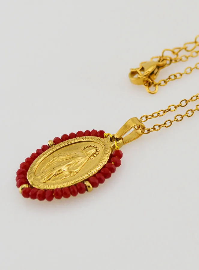 Wonderdadige Medaille Gefacetteerde Kralen met Ketting – Rood (pic 1)