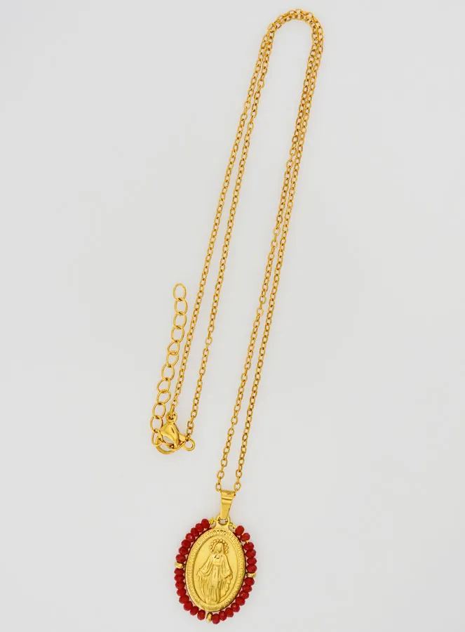 Wonderdadige Medaille Gefacetteerde Kralen met Ketting – Rood (pic 2)