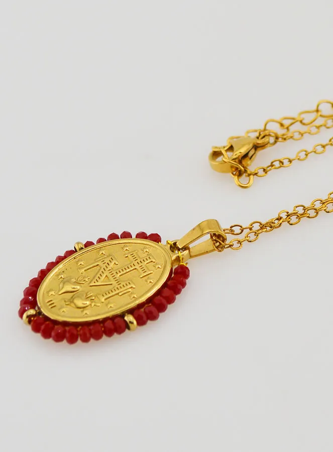Wonderdadige Medaille Gefacetteerde Kralen met Ketting – Rood (pic 3)