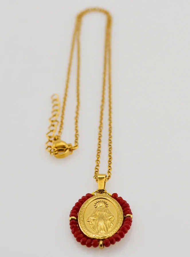 Wonderdadige Medaille Gefacetteerde Kralen met Ketting – Rood (pic 4)