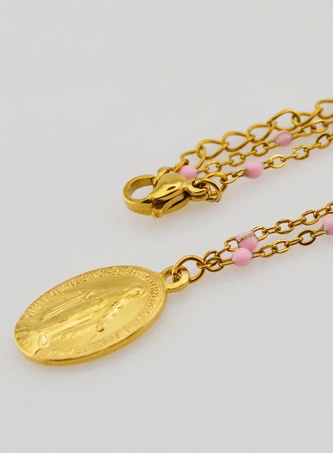 Ketting met Kralen en Wonderdadige Medaille - Roze (pic 1)