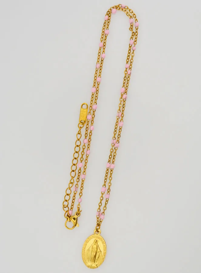 Ketting met Kralen en Wonderdadige Medaille - Roze (pic 2)