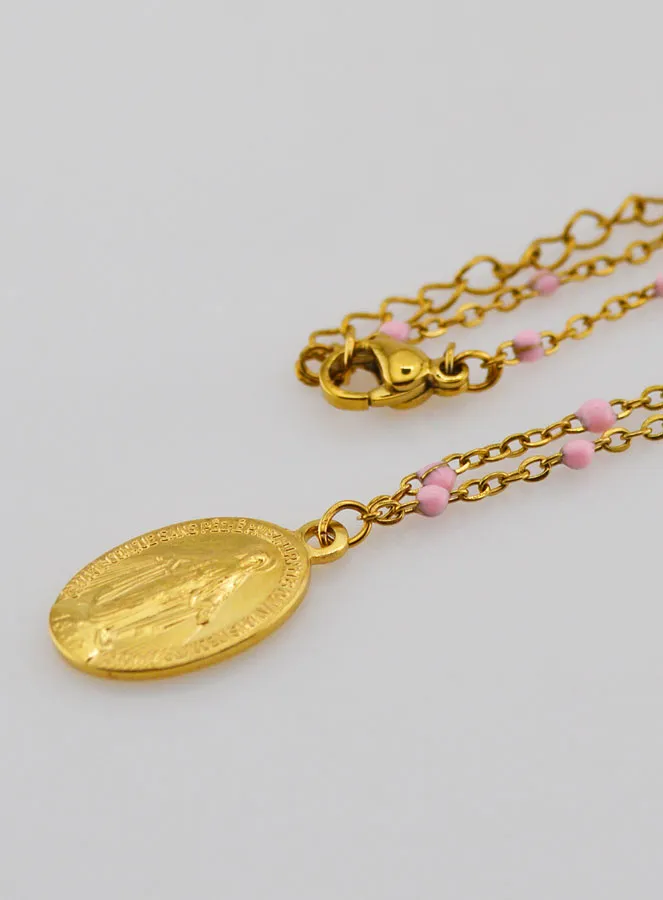 Wonderdadige Medaille met Kralen Ketting - Roze (pic 1)