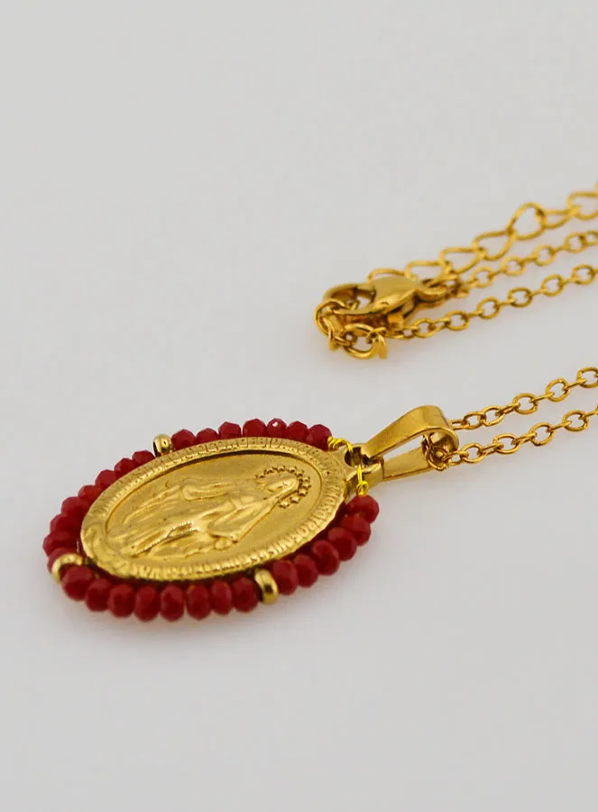 Collier Wonderdadige Medaille – Rode Kralen (pic 1)