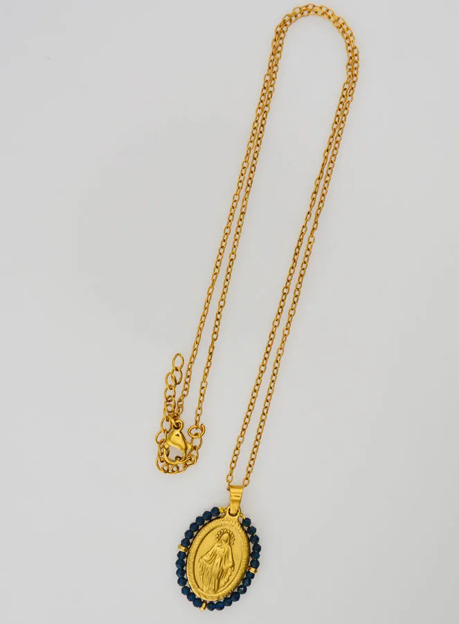 Collier Wonderdadige Medaille – Donkerblauwe Kralen (pic 2)