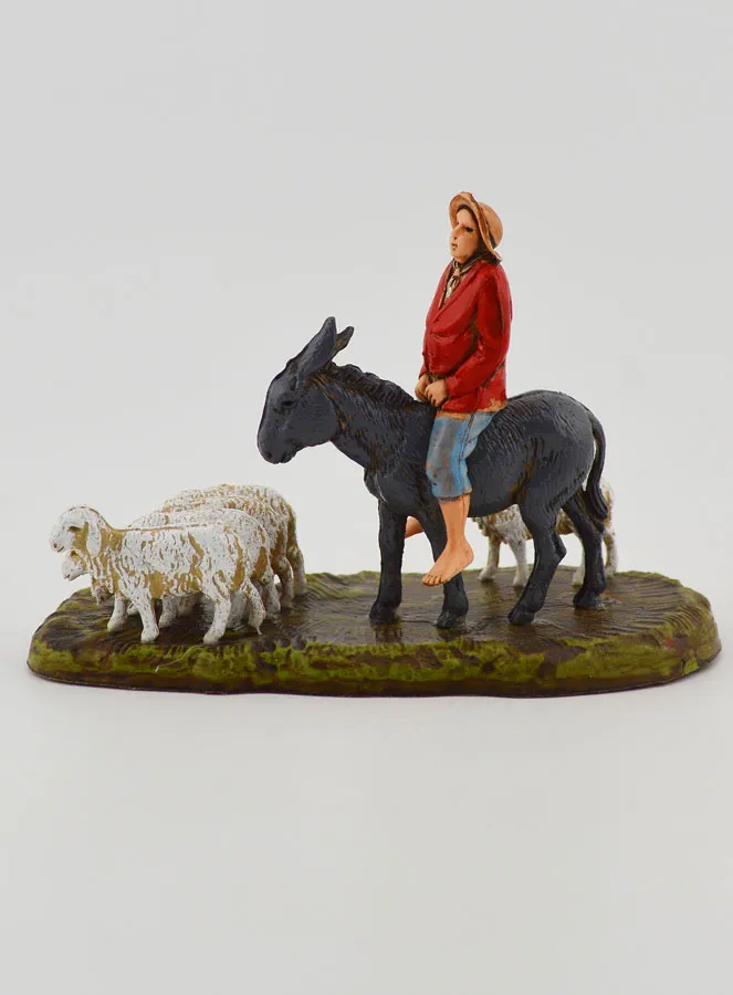 Kerststal Beeld Herder op een Ezel en Schapen - 6cm (pic 1)