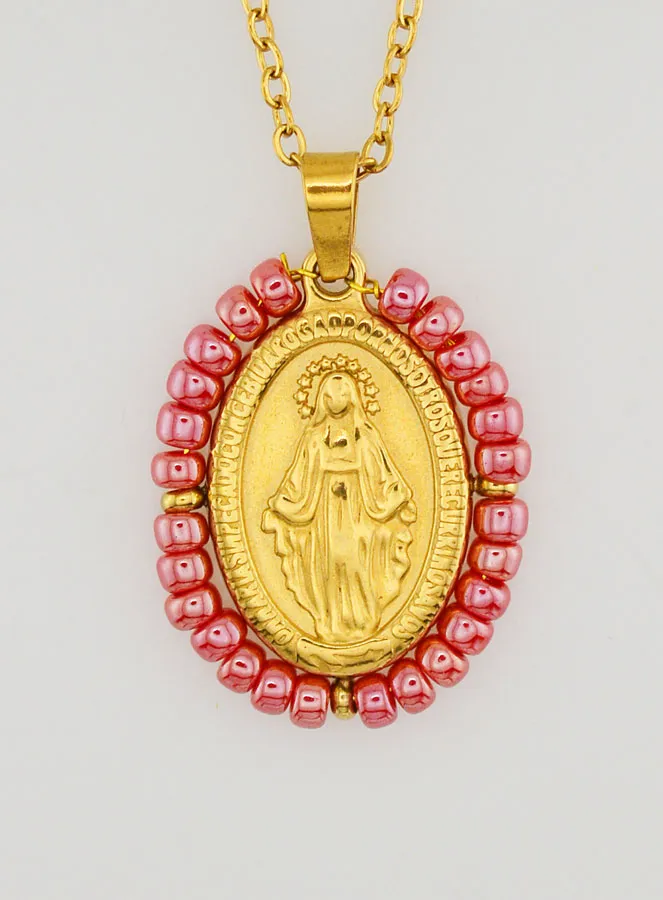 Wonderdadige Medaille + Ketting - Roze Parelmoeren Kralen (pic 1)