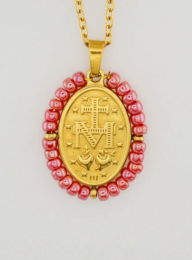 Wonderdadige Medaille + Ketting - Roze Parelmoeren Kralen (pic 2)