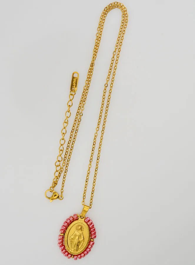 Wonderdadige Medaille + Ketting - Roze Parelmoeren Kralen (pic 3)