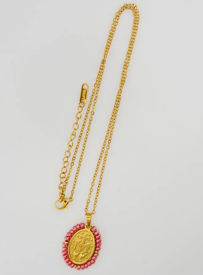Wonderdadige Medaille + Ketting - Roze Parelmoeren Kralen (pic 4)