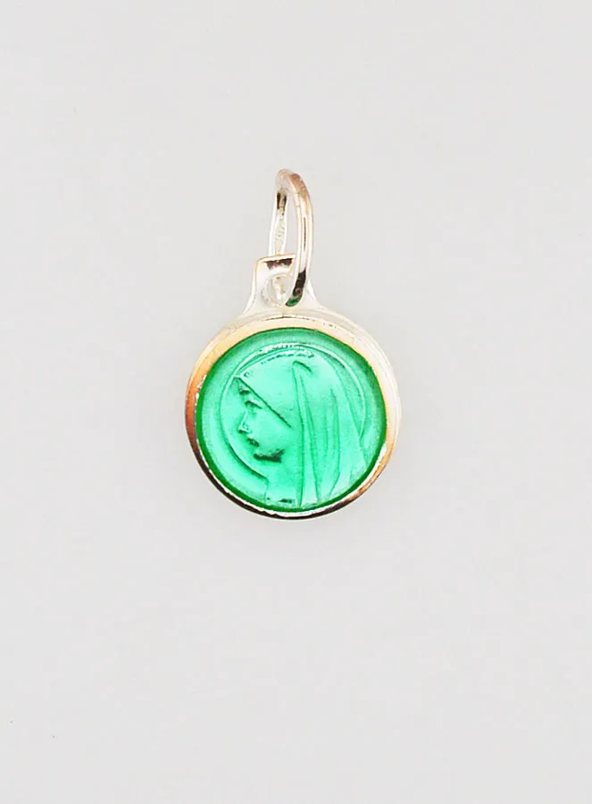 Medaille Maagd Maria Groen - Echt Zilver en Emaille - 10mm (pic 1)