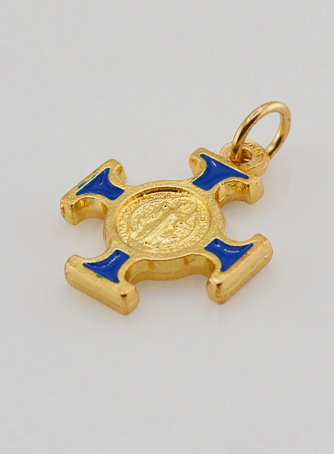 Hanger Kruis Heilige Benedictus Goudkleurig - Blauw - 2cm (pic 4)