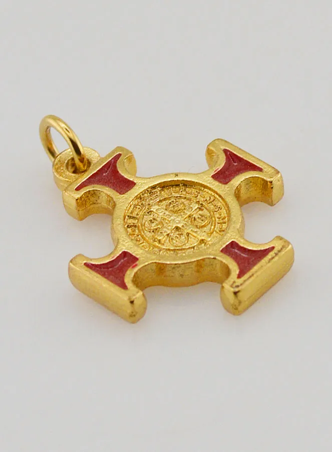 Hanger Kruis Heilige Benedictus Goudkleurig - Rood - 2cm (pic 3)