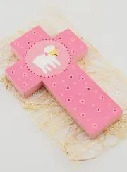 Kruis Kind Hout Lam Roze - 12 cm