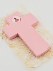 Kruis Kind Hout Lam Roze - 12 cm