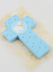 Kinder Kruis Hout Geschilderd Lam Blauw - 12 cm