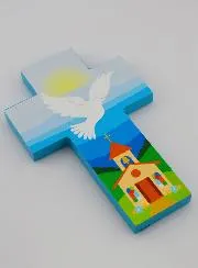Kruisje Kind Hout - Gods Kerk met Duif - Blauw