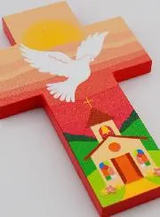Houten Kruis voor Kinderen Kerk met Duif Roze